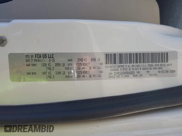 2019 Dodge Grand Caravan SE with VIN 2C4RDGBG8KR646829, listed as a IAAI auction lot 42136947 with 73,015 mi miles and . Bid and sale history available at DreamBid. Image 9.