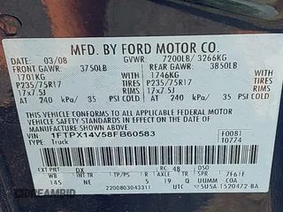2008 Ford F-150 XLT with VIN 1FTPX14V58FB60583, listed as a IAAI auction lot 42409162 with 194,291 mi miles and . Bid and sale history available at DreamBid. Image 9.