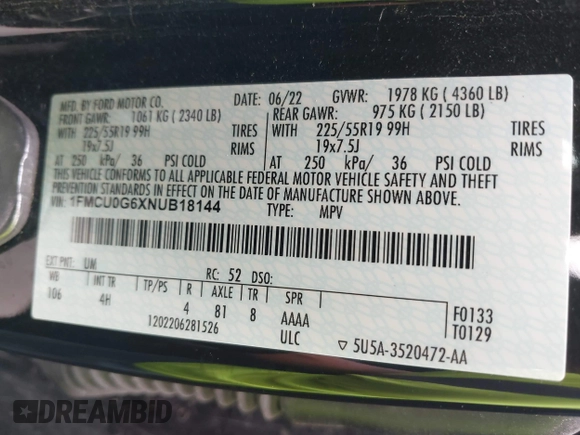 2022 Ford Escape SE with VIN 1FMCU0G6XNUB18144, listed as a IAAI auction lot 42390521 with 27,594 mi miles and . Bid and sale history available at DreamBid. Image 9.
