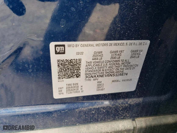 2022 Chevrolet Equinox Premier with VIN 3GNAXNEV6NS119874, listed as a Copart auction lot 50958585 with 19,696 mi miles and Salvage Title. Bid and sale history available at carsss.com. Image 15.