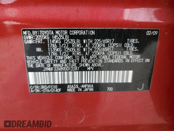 2009 Toyota RAV4 with VIN JTMBF33V89D012287, listed as a Copart auction lot 48051495 with 0 mi miles and Salvage Title. Bid and sale history available at carsss.com. Image 15.