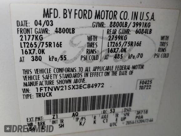 2003 Ford Super Duty F-250 XL with VIN 1FTNW21SX3EC84972, listed as a Copart auction lot 70848424 with 291,325 mi miles and Salvage Title. Bid and sale history available at carsss.com. Image 12.