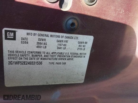 2004 Chevrolet Impala with VIN 2G1WF52E249331536, listed as a IAAI auction lot 41664206 with 122,718 mi miles and . Bid and sale history available at carsss.com. Image 9.