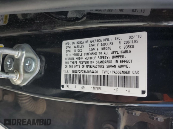 2010 Honda Accord EX with VIN 1HGCP2F79AA094420, listed as a Copart auction lot 57341265 with 221,005 mi miles and Salvage title. Bid and sale history available at DreamBid. Image 12.