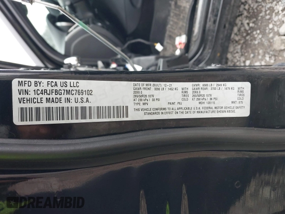 2021 Jeep Grand Cherokee Limited with VIN 1C4RJFBG7MC769102, listed as a IAAI auction lot 42021147 with 30,415 mi miles and . Bid and sale history available at DreamBid. Image 9.