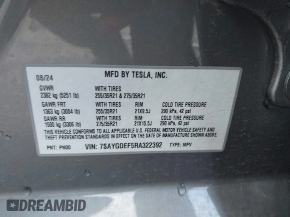 2024 Tesla Model Y Performance z VIN 7SAYGDEF5RA322392, wystawiony jako IAAI lot #41939339 z przebiegiem 20 808 mil mil oraz . Historia ofert i sprzedaży dostępna na DreamBid. Obrazek 9.