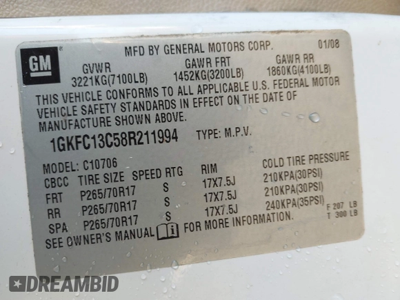2008 GMC Yukon SLE w/3SA with VIN 1GKFC13C58R211994, listed as a IAAI auction lot 41278858 with 316,734 mi miles. Bid and sale history available at carsss.com. Image 9.