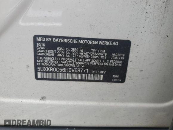 2017 BMW X5 xDrive35i with VIN 5UXKR0C56H0V68771, listed as a Copart auction lot 59587015 with 164,990 mi miles and Salvage title. Bid and sale history available at DreamBid. Image 12.