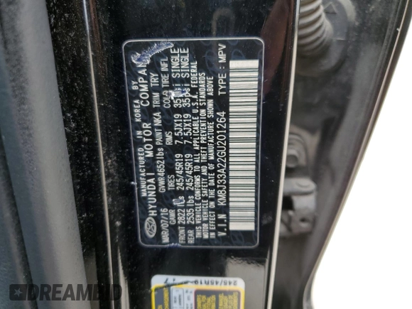 2016 Hyundai Tucson Limited with VIN KM8J33A22GU201264, listed as a Copart auction lot 54212395 with 121,552 mi miles and Clean Title. Bid and sale history available at DreamBid. Image 13.