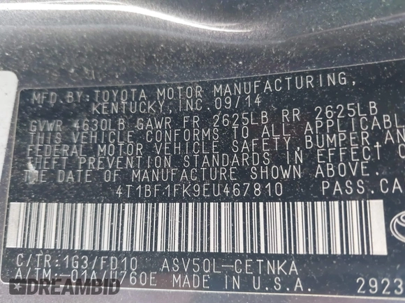 2014 Toyota Camry L with VIN 4T1BF1FK9EU467810, listed as a IAAI auction lot 41832292 with 178,115 mi miles. Bid and sale history available at carsss.com. Image 9.