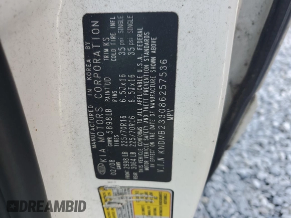 2008 Kia Sedona LX with VIN KNDMB233086257536, listed as a Copart auction lot 50345875 with 121,930 mi miles and Salvage Title. Bid and sale history available at carsss.com. Image 14.
