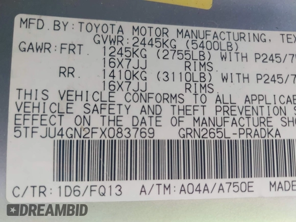 2015 Toyota Tacoma PreRunner with VIN 5TFJU4GN2FX083769, listed as a IAAI auction lot 42706127 with 123,735 mi miles and . Bid and sale history available at DreamBid. Image 9.