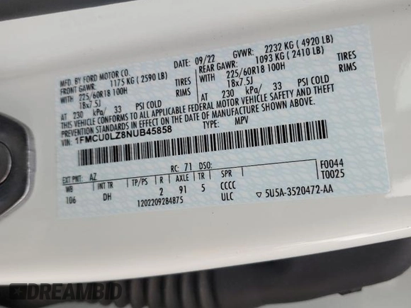 2022 Ford Escape Titanium Plug-In Hybrid с VIN 1FMCU0LZ8NUB45858, выставлен на аукционе Copart как лот 84727544 с пробегом 8 612 миль миль и Списание • Salvage title. История ставок и продаж доступна на DreamBid. Изображение 15.