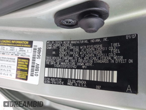 2007 Toyota Sienna CE with VIN 5TDZK23C87S017462, listed as a IAAI auction lot 42113773 with 201,306 mi miles. Bid and sale history available at carsss.com. Image 9.