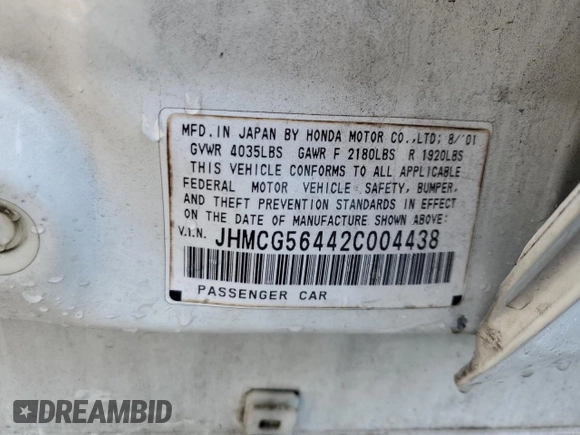 2002 Honda Accord LX z VIN JHMCG56442C004438, wystawiony jako Copart lot #55397725 z przebiegiem 80 995 mil mil oraz Szkoda całkowita • Salvage title. Historia ofert i sprzedaży dostępna na DreamBid. Obrazek 12.