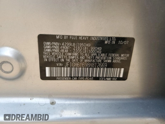 2008 Subaru Impreza i с VIN JF1GH61698H812669, выставлен на аукционе Copart как лот 60979595 с пробегом 200 970 миль миль и Списание • Salvage title. История ставок и продаж доступна на DreamBid. Изображение 13.