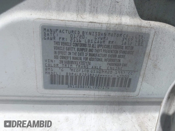 2020 Nissan Sentra S with VIN 3N1AB8BVXLY207174, listed as a IAAI auction lot 42058963 with 133,458 mi miles. Bid and sale history available at carsss.com. Image 9.