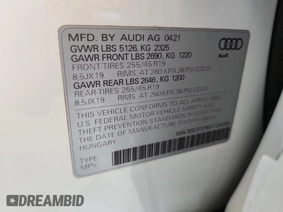2021 Audi Q3 S line Premium Plus with VIN WA1EECF37M1124299, listed as a Copart auction lot 59994915 with 27,800 mi miles and Salvage title. Bid and sale history available at DreamBid. Image 14.