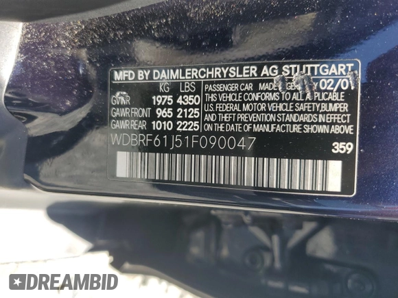2001 Mercedes-Benz C 230/260/280/320 с VIN WDBRF61J51F090047, выставлен на аукционе Copart как лот 57763475 с пробегом 125 263 миль миль и Списание • Salvage title. История ставок и продаж доступна на DreamBid. Изображение 12.