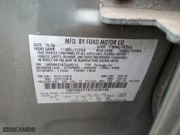 2007 Mercury Montego Premier with VIN 1MEHM42187G608546, listed as a Copart auction lot 73332724 with 163,577 mi miles and Salvage Title. Bid and sale history available at carsss.com. Image 12.
