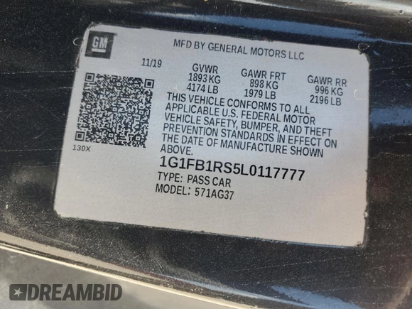 2020 Chevrolet Camaro 1LT with VIN 1G1FB1RS5L0117777, listed as a Copart auction lot 55359285 with 67,791 mi miles and Salvage Title. Bid and sale history available at carsss.com. Image 12.