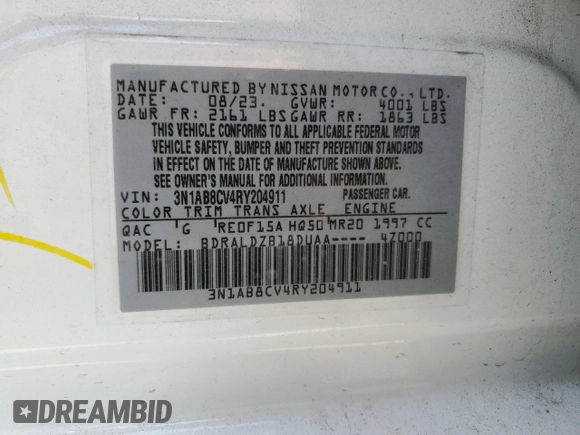 2024 Nissan Sentra SV z VIN 3N1AB8CV4RY204911, wystawiony jako Copart lot #47133605 z przebiegiem 17 207 mil mil oraz Szkoda całkowita • Salvage title. Historia ofert i sprzedaży dostępna na DreamBid. Obrazek 12.