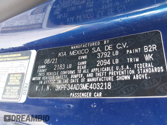 2021 Kia Forte GT-Line with VIN 3KPF34AD3ME403218, listed as a IAAI auction lot 42375319 with 56,621 mi miles and . Bid and sale history available at DreamBid. Image 9.