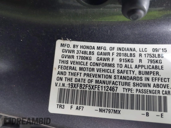 2015 Honda Civic LX with VIN 19XFB2F5XFE112467, listed as a IAAI auction lot 41901143 with 215,192 mi miles and . Bid and sale history available at DreamBid. Image 9.