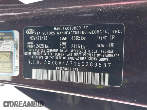2014 Kia Optima LX with VIN 5XXGM4A71EG289837, listed as a IAAI auction lot 41418069 with 97,662 mi miles. Bid and sale history available at carsss.com. Image 9.
