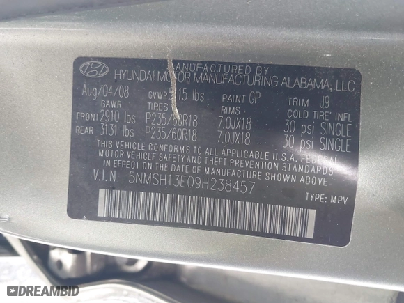 2009 Hyundai Santa Fe SE with VIN 5NMSH13E09H238457, listed as a IAAI auction lot 41867424 with 101,508 mi miles. Bid and sale history available at carsss.com. Image 9.