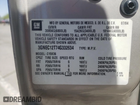 2004 Chevrolet Avalanche Z66 with VIN 3GNEC12T74G332634, listed as a Copart auction lot 63546524 with 241,366 mi miles and Salvage Title. Bid and sale history available at DreamBid. Image 14.