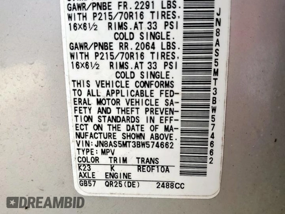 2011 Nissan Rogue SV z VIN JN8AS5MT3BW574662, wystawiony jako Copart lot #56177345 z przebiegiem 165 672 mil mil oraz Czysty tytuł • Clean title. Historia ofert i sprzedaży dostępna na DreamBid. Obrazek 13.