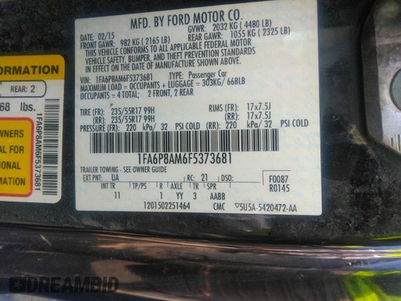 2015 Ford Mustang V6 с VIN 1FA6P8AM6F5373681, выставлен на аукционе IAAI как лот 42726545 с пробегом Не указан миль и . История ставок и продаж доступна на DreamBid. Изображение 9.