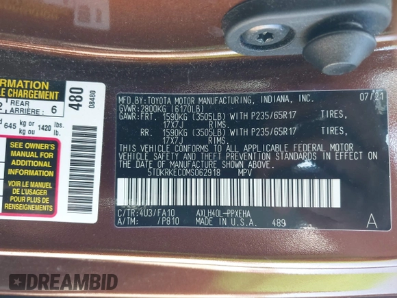 2021 Toyota Sienna LE z VIN 5TDKRKEC0MS062918, wystawiony jako IAAI lot #42382540 z przebiegiem 54 271 mil mil oraz . Historia ofert i sprzedaży dostępna na DreamBid. Obrazek 9.