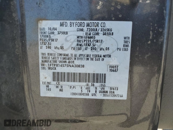 2005 Ford F-150 XLT с VIN 1FTPX14575NA30838, выставлен на аукционе Copart как лот 54443095 с пробегом 282 393 миль миль и Списание • Salvage title. История ставок и продаж доступна на DreamBid. Изображение 12.