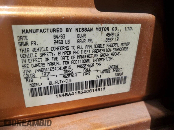 2004 Nissan Maxima SL with VIN 1N4BA41E54C814615, listed as a Copart auction lot 50944575 with 151,140 mi miles and Salvage Title. Bid and sale history available at carsss.com. Image 12.