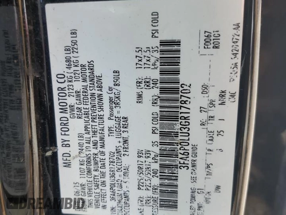 2016 Ford Fusion SE Hybrid with VIN 3FA6P0LU3GR178702, listed as a Copart auction lot 57980585 with 173,872 mi miles and Salvage title. Bid and sale history available at DreamBid. Image 12.