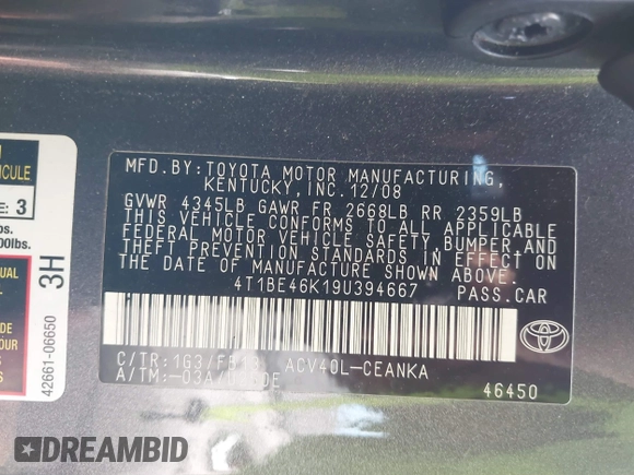 2009 Toyota Camry with VIN 4T1BE46K19U394667, listed as a IAAI auction lot 41543709 with Not Provided miles. Bid and sale history available at carsss.com. Image 9.