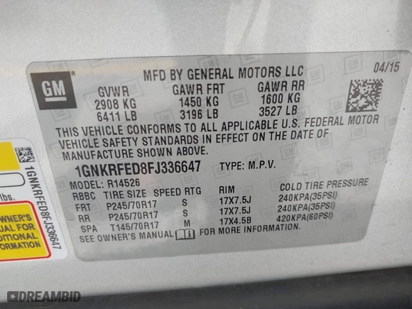 2015 Chevrolet Traverse LS with VIN 1GNKRFED8FJ336647, listed as a IAAI auction lot 41888467 with 108,458 mi miles. Bid and sale history available at carsss.com. Image 9.