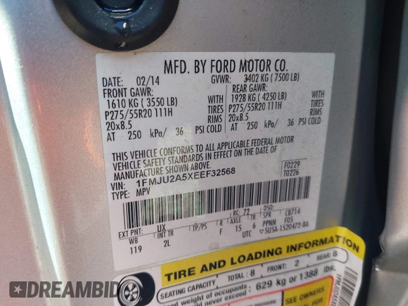 2014 Ford Expedition Limited с VIN 1FMJU2A5XEEF32568, выставлен на аукционе IAAI как лот 42316084 с пробегом Не указан миль и . История ставок и продаж доступна на DreamBid. Изображение 9.