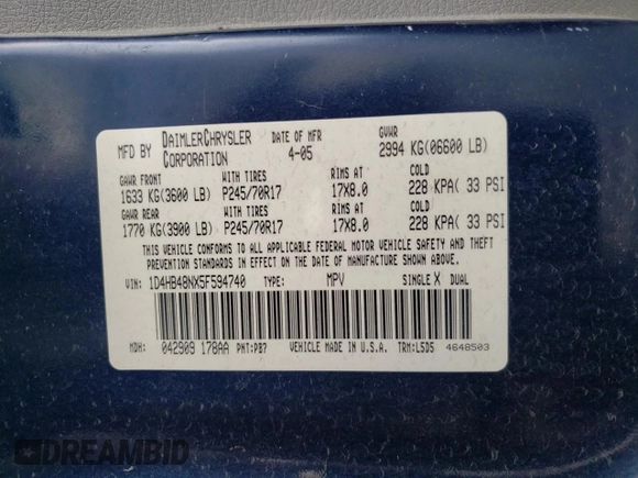 2005 Dodge Durango SLT with VIN 1D4HB48NX5F594740, listed as a Copart auction lot 52252365 with Not provided miles and Salvage title. Bid and sale history available at DreamBid. Image 15.