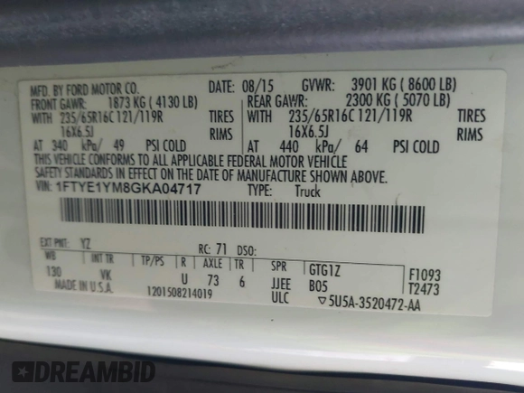 2016 Ford Transit Cargo with VIN 1FTYE1YM8GKA04717, listed as a IAAI auction lot 40878998 with 142,124 mi miles and . Bid and sale history available at DreamBid. Image 9.