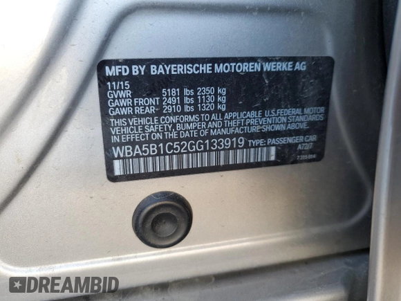 2016 BMW 5 Series 535i with VIN WBA5B1C52GG133919, listed as a Copart auction lot 82861244 with 34,041 mi miles and Salvage Title. Bid and sale history available at DreamBid. Image 14.