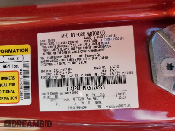 2019 Ford Mustang EcoBoost z VIN 1FATP8UH9K5128594, wystawiony jako Copart lot #73007804 z przebiegiem Nie podano mil oraz Szkoda całkowita • Salvage title. Historia ofert i sprzedaży dostępna na DreamBid. Obrazek 12.