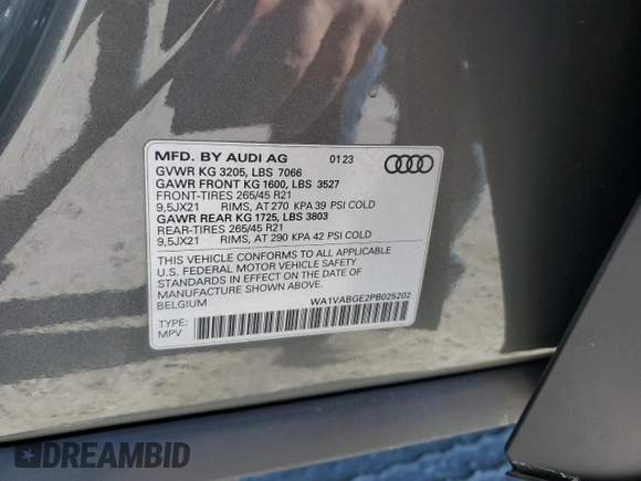 2023 Audi e-tron Chronos with VIN WA1VABGE2PB025202, listed as a Copart auction lot 89198375 with 6,980 mi miles and Salvage title. Bid and sale history available at DreamBid. Image 13.
