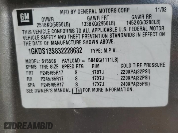 2003 GMC Envoy SLT z VIN 1GKDS13S832228632, wystawiony jako Copart lot #50330805 z przebiegiem 224 605 mil mil oraz Szkoda całkowita • Salvage title. Historia ofert i sprzedaży dostępna na DreamBid. Obrazek 13.