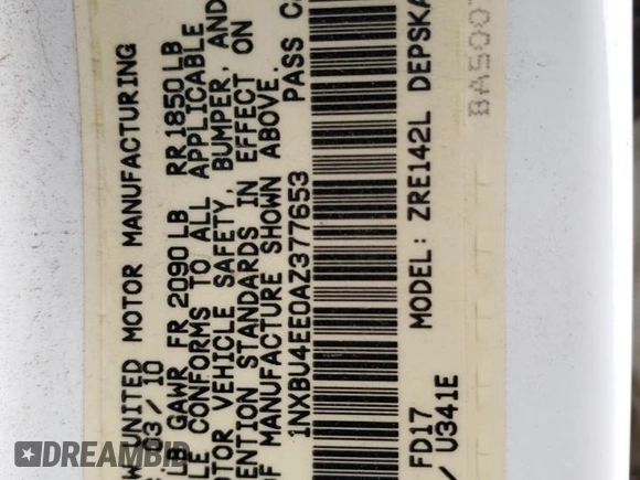 2010 Toyota Corolla с VIN 1NXBU4EE0AZ377653, выставлен на аукционе Copart как лот 61427565 с пробегом Не указан миль и Чистый • Clean title. История ставок и продаж доступна на DreamBid. Изображение 12.