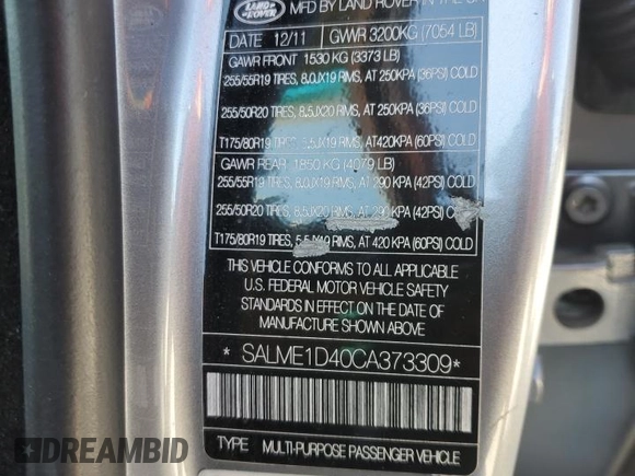 2012 Land Rover Range Rover HSE с VIN SALME1D40CA373309, выставлен на аукционе Copart как лот 65982015 с пробегом 122 444 миль миль и Чистый • Clean title. История ставок и продаж доступна на DreamBid. Изображение 13.