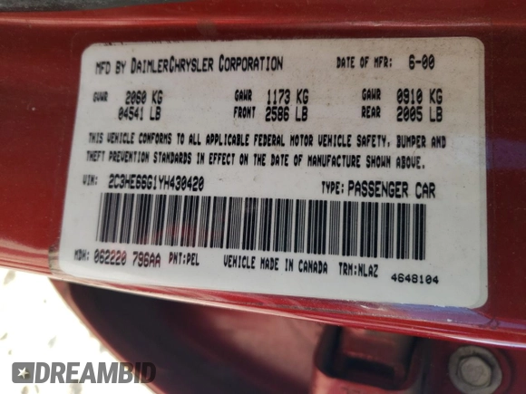 2000 Chrysler 300M M z VIN 2C3HE66G1YH430420, wystawiony jako Copart lot #57645995 z przebiegiem 66 111 mil mil oraz Szkoda całkowita • Salvage title. Historia ofert i sprzedaży dostępna na DreamBid. Obrazek 12.