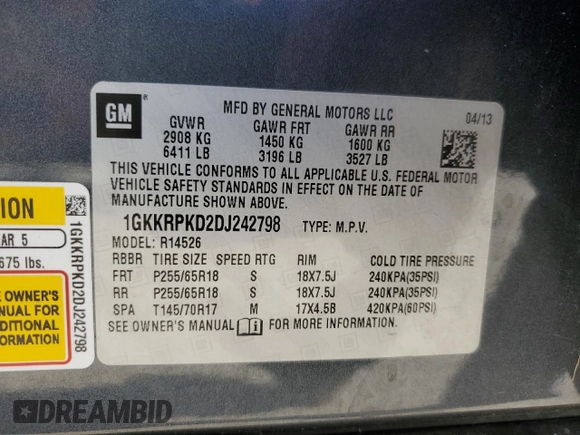 2013 GMC Acadia SLE with VIN 1GKKRPKD2DJ242798, listed as a Copart auction lot 48775495 with 162,742 mi miles and Salvage Title. Bid and sale history available at DreamBid. Image 13.